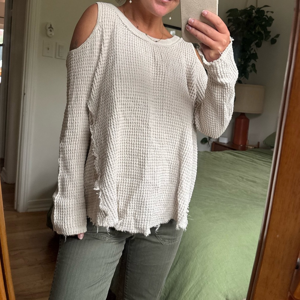 Free People Cream Cut-Out Shoulder Sweater